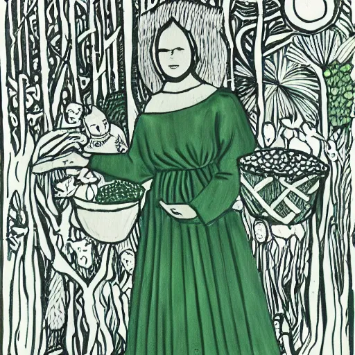 Image similar to ordered dark green by helio oiticica. a drawing of a vasilisa standing in the forest, surrounded by animals. she is holding a basket of flowers in one hand & a spindle in the other. gentle expression. in the background, the forest is dark & mysterious.