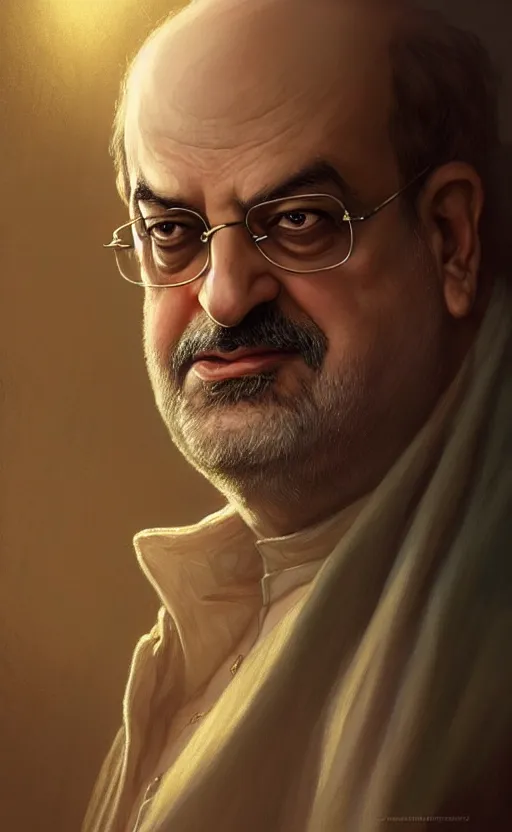 Image similar to portrait of salman rushdie, deep focus, d & d, fantasy, intricate, elegant, highly detailed, digital painting, artstation, concept art, matte, sharp focus, illustration, art by artgerm and greg rutkowski and alphonse mucha