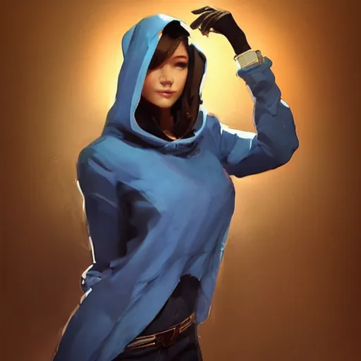 Prompt: greg manchess portrait painting of a beautiful girl wearing a blue hoodie as overwatch character, medium shot, asymmetrical, profile picture, organic painting, matte painting, bold shapes, hard edges, street art, trending on artstation, by huang guangjian and gil elvgren and sachin teng and wlop and rossdraws and greg rutkowski