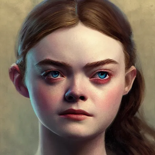 Prompt: ultra realistic medium shot head and shoulders masterpiece matte portrait painting of elle fanning in dishonored, cosmic horror, artstation, art by frank frazetta and sachin teng, 4 k, ultra realistic, highly detailed, epic lighting