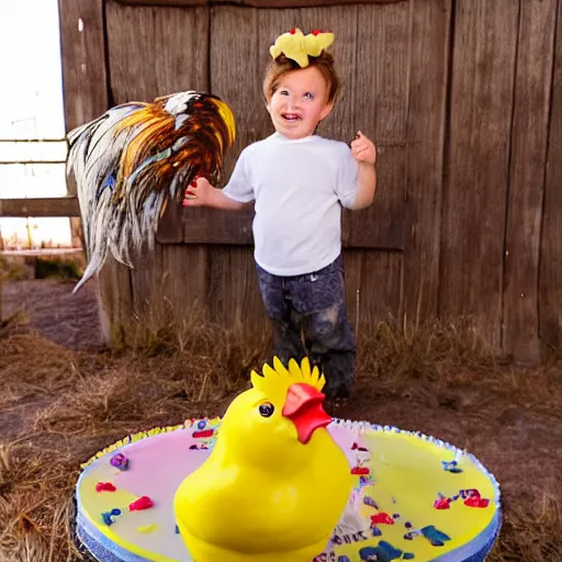 Image similar to realistic true to life photo in a barnyard where 1 rooster and 1 light yellow baby chick pick at a birthday cake