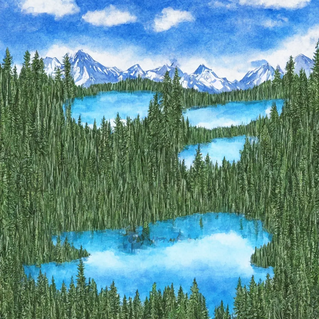 Image similar to a lake surrounded by pine trees with mountains in the background in the style of Bob Ross