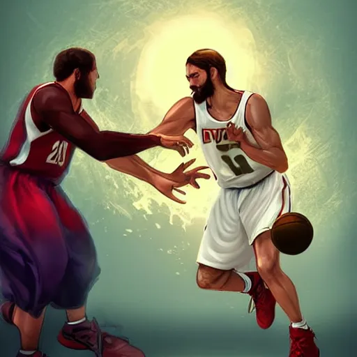 Image similar to Jesus Christ defeating the Devil in a basketball game artstation digital art epic