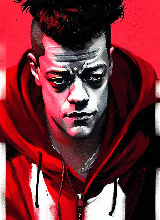 Prompt: highly detailed closeup portrait of rami malek, elliot alderson, black hoody by atey ghailan, by greg rutkowski, by greg tocchini, by james gilleard, by joe fenton, by kaethe butcher, gradient red, black and white color scheme, grunge aesthetic!!! ( ( graffiti tag wall background ) )