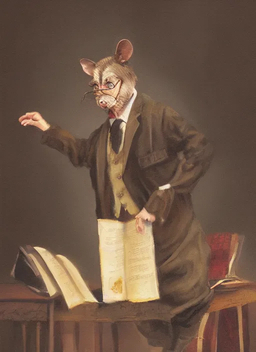 Image similar to oil painting of a rat dressed as an english professor, giving a nobel prize lecture, digital art, artstation, cinematic, golden hour, digital art painting by greg rutkowski