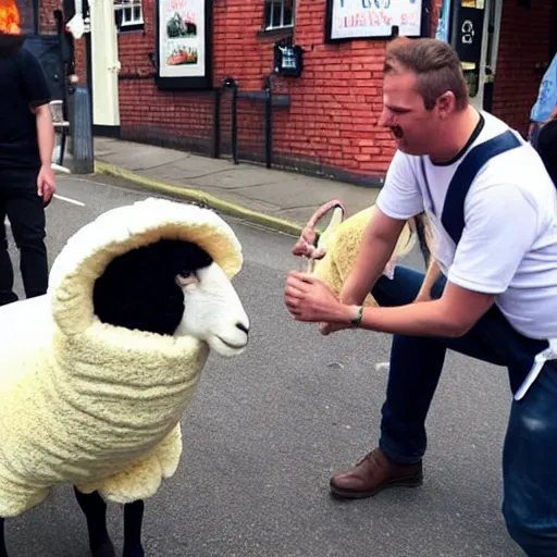 Image similar to photo of a man in a sheep costume is on fire and jesus is helping him outside a british pub