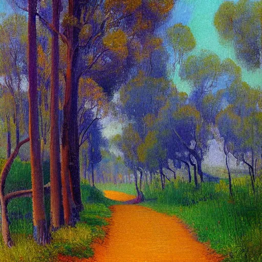 Prompt: a painting of a dirt road surrounded by eucalyptus trees and california golden poppies, violet woodland hill in the distance, violet sunset. an oil painting by Julian Onderdonk, green orange violet triadic color palette, featured on deviantart, australian tonalism, pre-raphaelite, impressionism, detailed painting