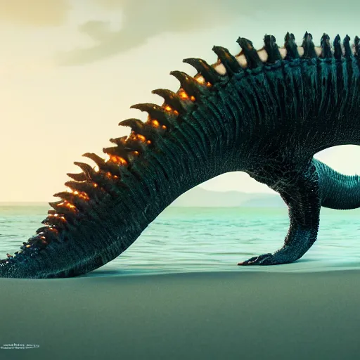 Image similar to stunning cinematic wide shot of a beautiful slick sea monster wearing clothes of kelp on a white sand beach, hands grasping large fulgurites. well designed perfect with slick led eyes, sharp claws, cgsociety, hd octane render, fantasy, furry art, artstation, deviantart, furaffinity, very very clean