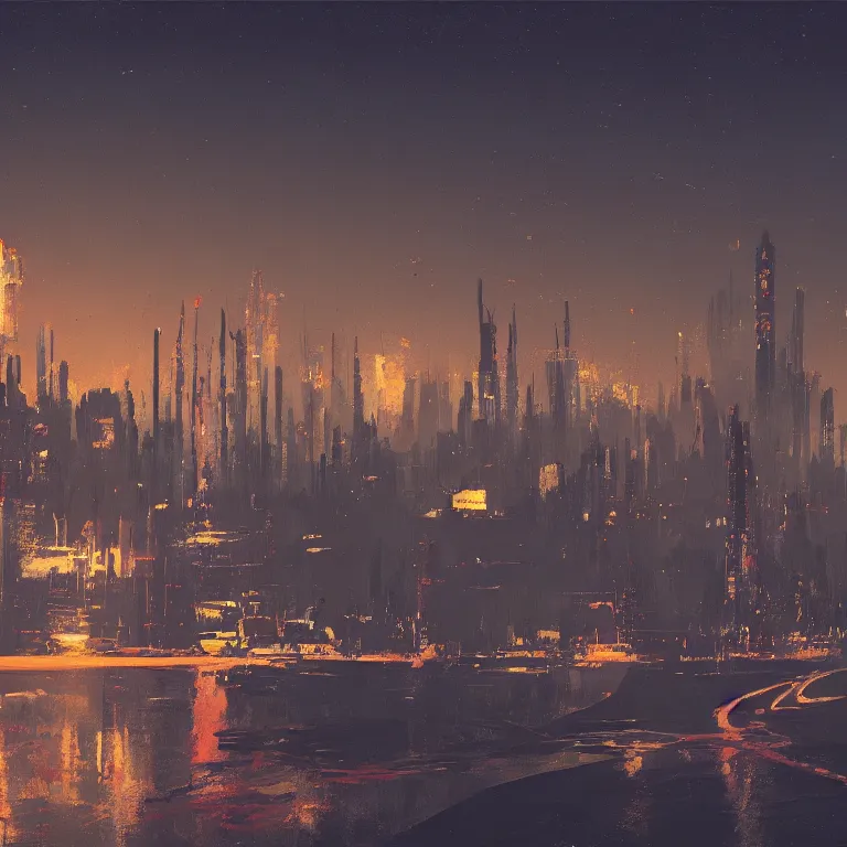 Image similar to a skyline by night in a painting from stalenhag, 4 k, 8 k, hdr, artstation, concept art