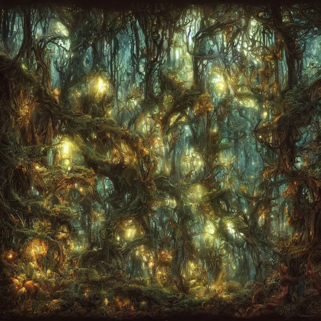 Image similar to an enchanted dark forest, low cinematic angle, by Michael Kaluta and Rodney Matthews, volumetric lighting, beautiful composition, intricate, elegant, digital art, detailed, mixed media painting, hyperrealistic, sharp focus, 8k