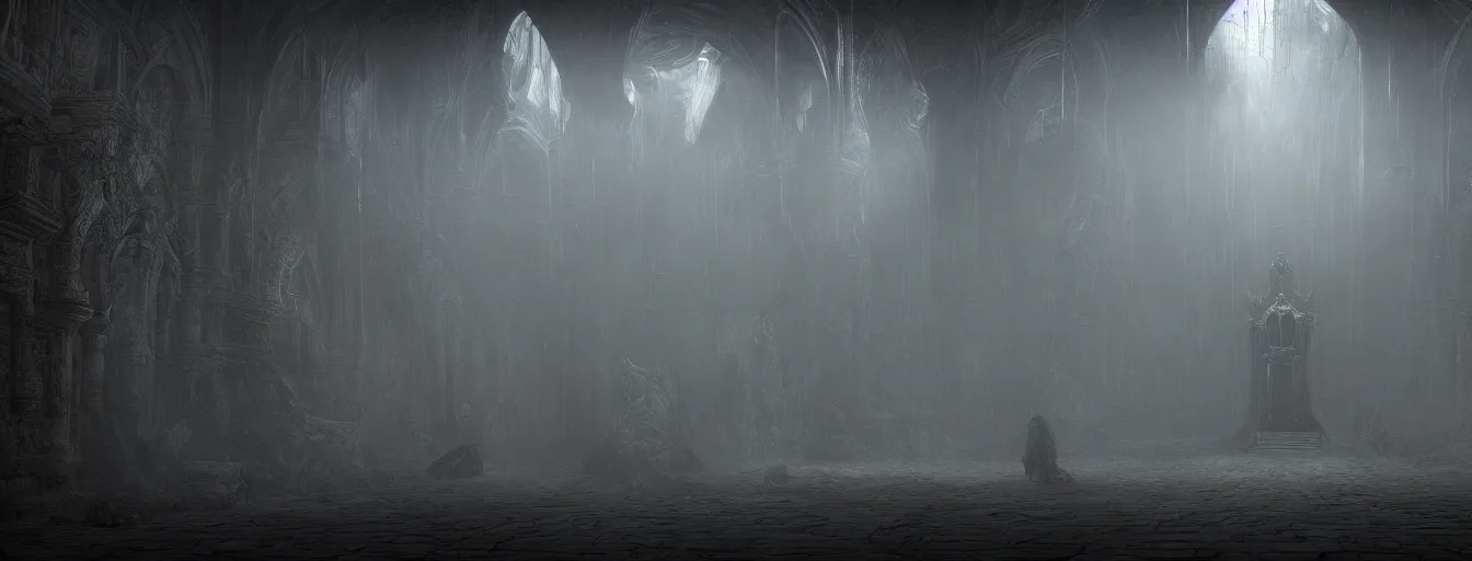 Prompt: dark fantasy throne, inside the satan's hall, demon guards, ethereal, ominous, misty, volumetric lighting 8 k, cryengine, by h. r. giger and zdizslaw beksinski, elden ring