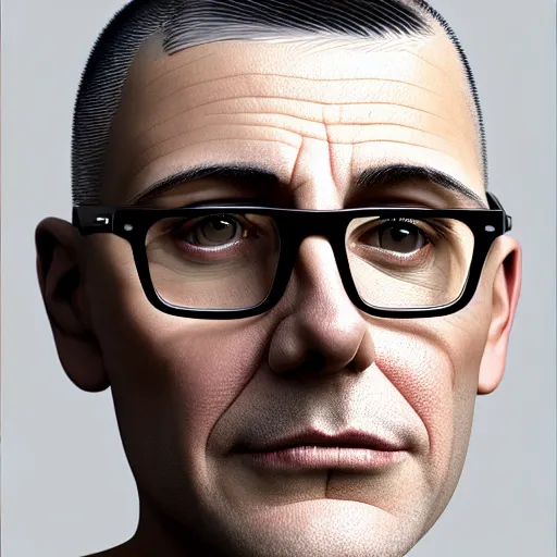 Prompt: 50 year old greying brunette man with very short hair, buzz cut, round face, square face, round jaw, wide chin , romanian, silver silver glasses, romanian heritage, brown eyes, brown eyes, olive skin, round nose, round chin, clean shaven wide face, thin lips, digital art, cgsociety, painterly, painting, 8k, illustration, painting, dramatic, beautiful, art by loish loish loish, painterly, trending on artstation, medium shot, uncropped