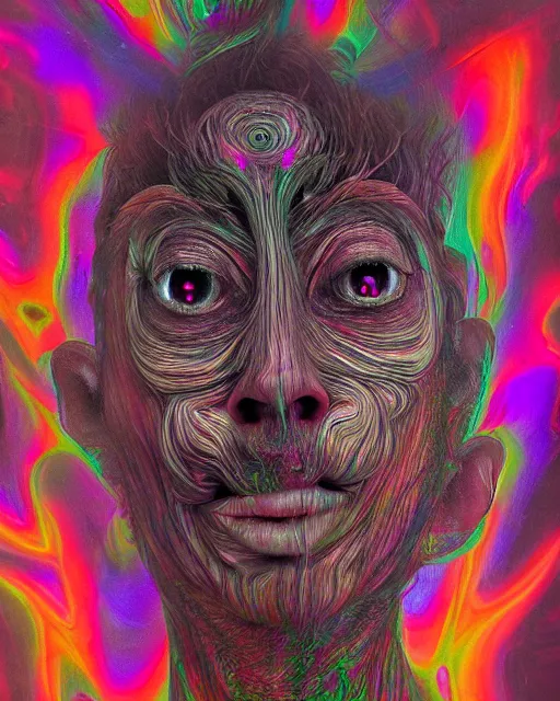 Image similar to realistic portrait of a creature experiment gone wrong, psychedelic, dark art, facing camera, photo realistic, detailed, delicate, hyper realism, ultra realistic, 8 k, 3 5 mm film