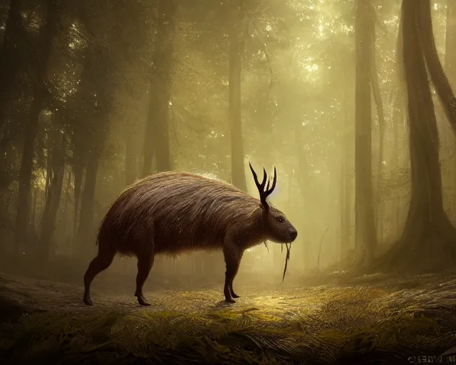 Image similar to 5 5 mm portrait photo of an armored demonic capybara with antlers, in a magical forest. dark atmosphere. art by greg rutkowski. highly detailed 8 k. intricate. lifelike. soft light. nikon d 8 5 0.