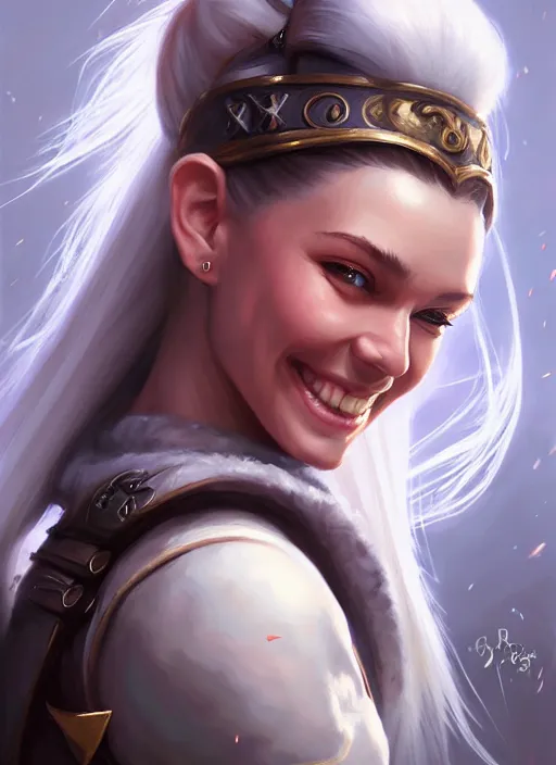 Image similar to a _ fantasy _ style _ portrait _ painting _ of white girl, dark ponytail hair, smiling, round face, rpg dnd oil _ painting _ unreal _ 5 _ daz. _ rpg _ portrait _ extremely _ detailed _ artgerm _ greg _ rutkowski _ greg
