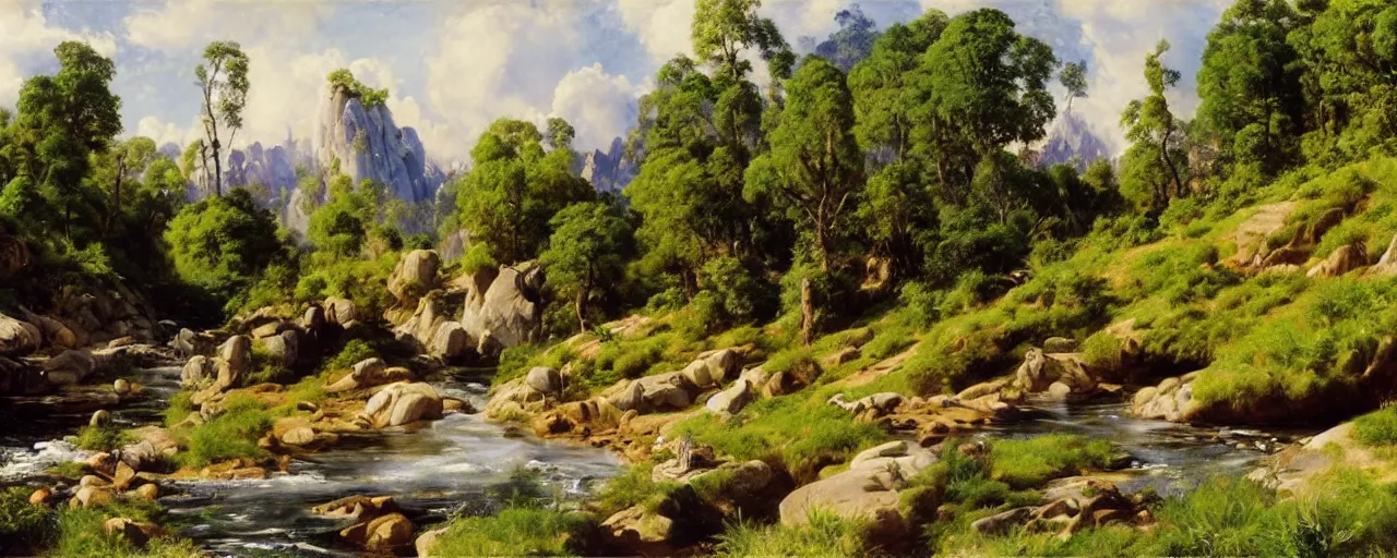 Prompt: disney illustrated background of a flowery rocky grassy field with a river flowing by eugene von guerard, ivan shishkin, john singer sargent