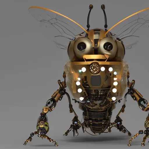 Prompt: A crisp 3d render of a robot Bee made of circuits wide view shot by ellen jewett