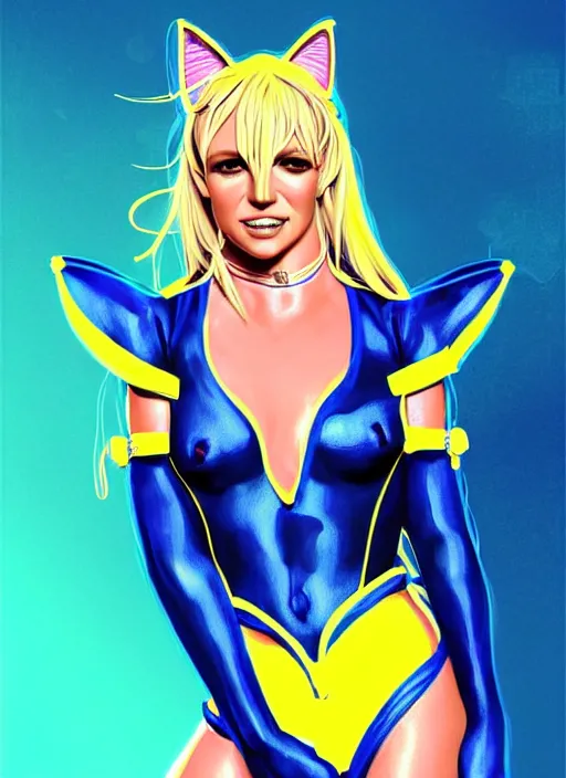 Prompt: britney spears in blue and yellow cat costume, cat ears, intricate, elegant, glowing lights, highly detailed, digital painting, artstation, glamor pose, concept art, smooth, sharp focus, illustration, art by artgerm and greg rutkowski, artey freytag
