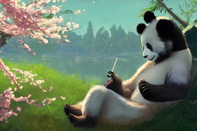 Image similar to panda chilling smoking weed, sakura trees, sakura season dynamic lighting, landscape, artwork by jeremy lipkin and giuseppe dangelico pino and michael garmash and rob rey and greg manchess and huang guangjian and makoto shinkai, pixiv, 1 0 0 mm