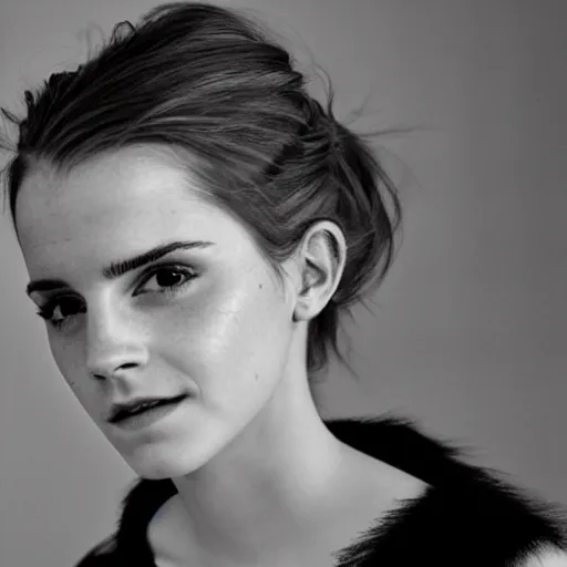 Image similar to Emma Watson closeup of face shoulders and very long hair hair pouting and grinning Vogue fashion shoot by Peter Lindbergh fashion poses detailed professional studio lighting dramatic shadows professional photograph by Cecil Beaton, Lee Miller, Irving Penn, David Bailey, Corinne Day, Patrick Demarchelier, Nick Knight, Herb Ritts, Mario Testino, Tim Walker, Bruce Weber, Edward Steichen, Albert Watson