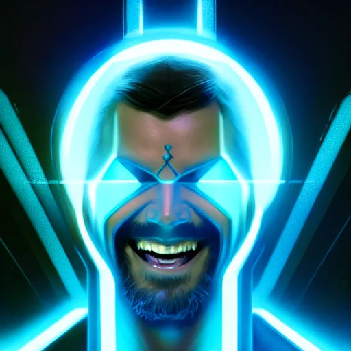 Prompt: tron legacy jesus, face closeup, laughing, diffuse lighting, hyper realistic, concept art, intricate, hyper detailed, smooth, sharp focus, illustration, trending on artstation, art by greg rutkowski and james gurney and alphonse mucha