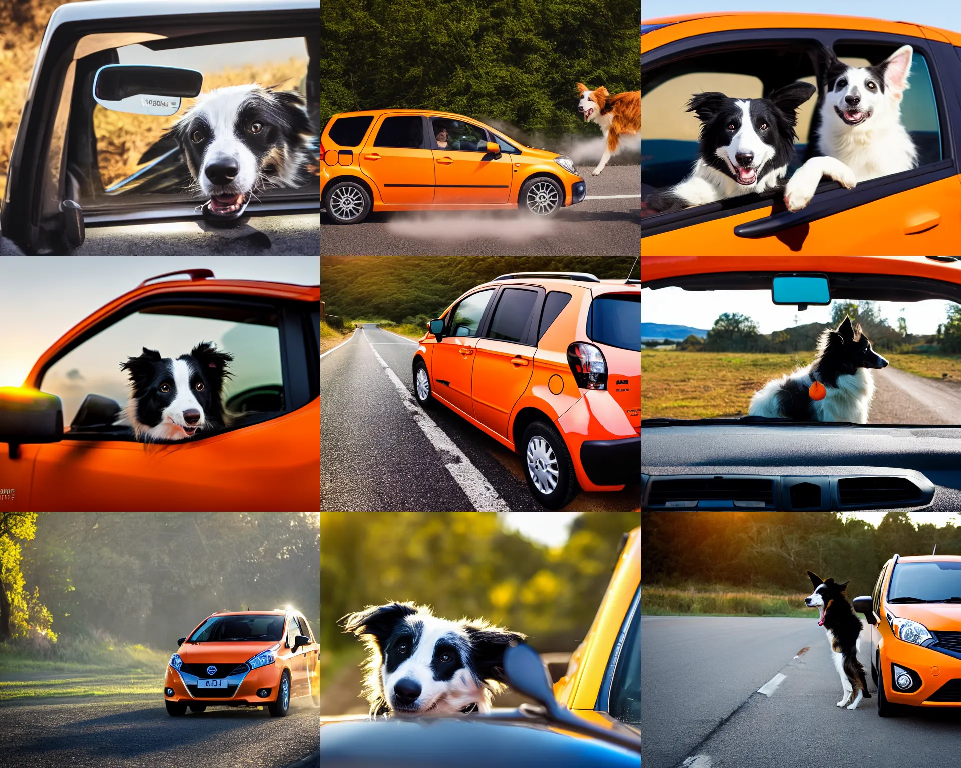 Prompt: border collie dog looking through windshield of an orange nissan note, paws on wheel, car moving fast, rally driving photo, award winning photo, golden hour,