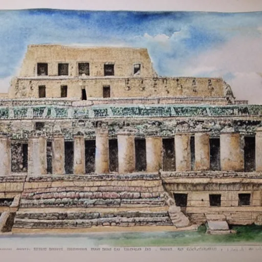 Prompt: detailed 1 9 th century architectural watercolor of ornate monumental mayan ruins