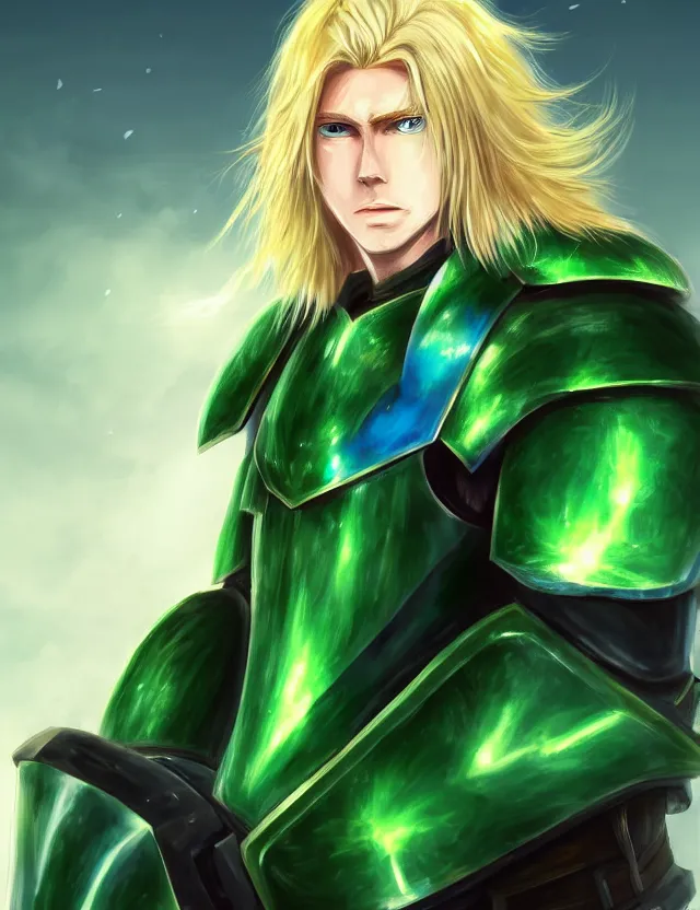 Image similar to an excellent upper body anime portrait of a long haired blonde man with blue eyes in green plate armour glowing with green energy, trending on artstation, digital art, 4 k resolution, detailed, high quality, sharp focus, hq artwork, coherent, insane detail