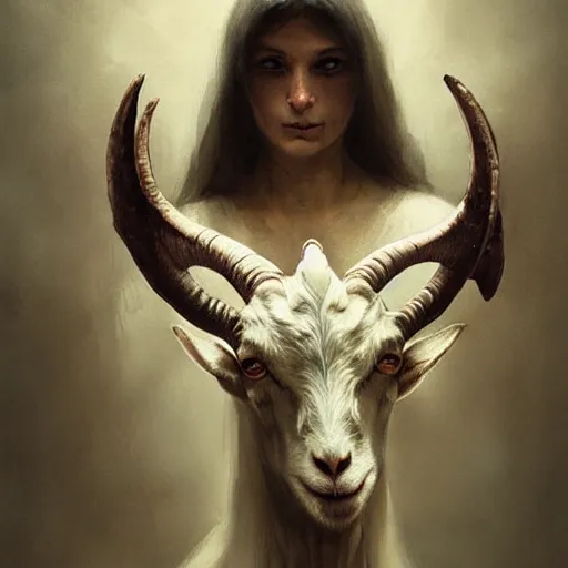 Image similar to woman with goat horns holding an animal skull, style of da vinci, horror, fantasy illustration, by greg rutkowski