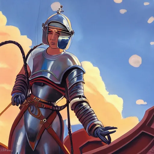 Image similar to An epic fantastic realism comic book style painting of a medieval woman ship pilot, wearing shiny breastplate, ship at sea, studio ghibli, dynamic lighting