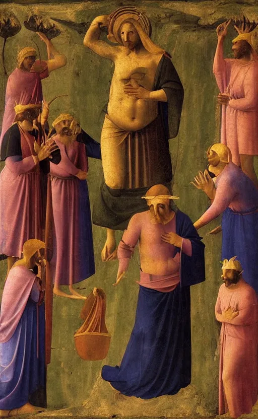 Image similar to painting by fra angelico of blindfolded!!!!!! the mocking of christ holding cornucopia!!!! 1 4 4 0 early renaissance painting, fresco! eerie, ominous, distressing