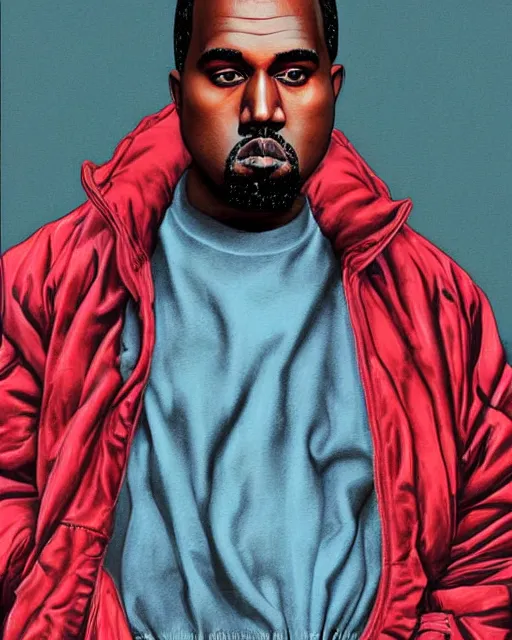 Image similar to kanye west in red puffer jacket, airbrush, drew struzan illustration art, key art, movie poster