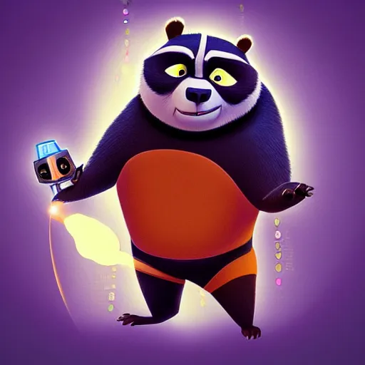 Image similar to “ portrait of a racoon in the style of kung fu panda holding laser gun, with a black background, digital art, award winning, trending on art station, retro style ”