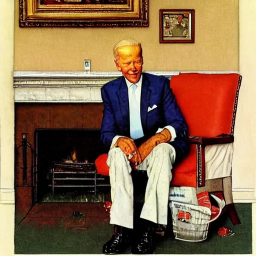 Prompt: Norman Rockwell portrait of Joe Biden. He's sitting on a chair, cozy fire