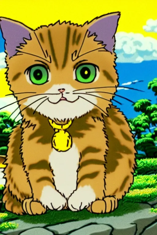 Image similar to a retro videogame showing a small yellow kitten with the belly upwards, studio ghibli anime