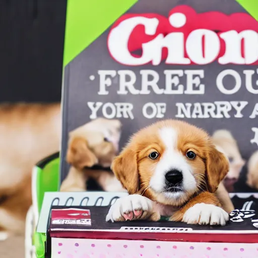 Image similar to photo of a sign beside a box of puppies saying Free Puppies, highly detailed, high quality, HD, 4k, 8k, Canon 300mm, professional photographer, 40mp, lifelike, top-rated, award winning, realistic, sharp, no blur, edited, corrected, trending