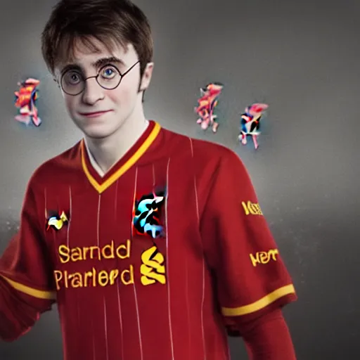 Image similar to portrait of harry potter wearing a liverpool jersey, highly detailed, masterpiece painting, 4 k, octane render,