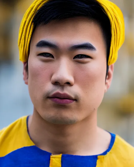 Prompt: gold, blue, photo of an asian male, 8 5 mm f 1. 8