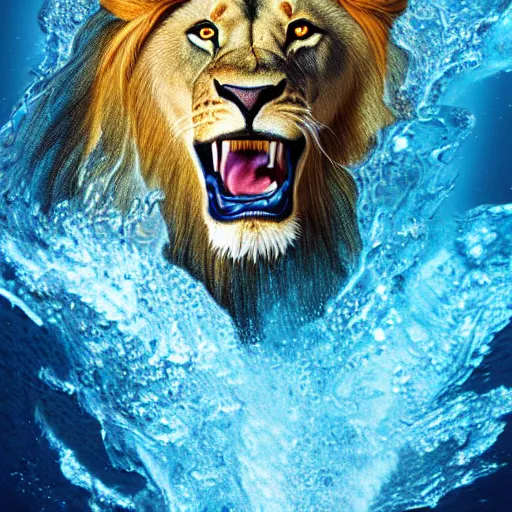 Image similar to a male lion's face breaching through a wall of water, headshot, water sprites, splashing, deep blue ocean, highly detailed, realistic digital art, trending on artstation