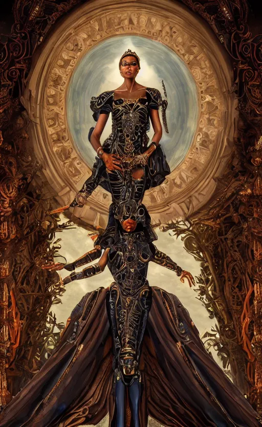 Prompt: beautiful young cyborg princess, dark skin, piercing glowing eyes, elegant, striking composition, ornate royal gown, highly detailed ornate sci fi background, mural in the style of sandro botticelli, caravaggio, albrecth durer, 8k