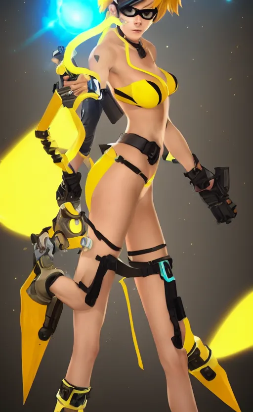 Image similar to tracer game character, in yellow bikini, blonde hair, black eyes, full height