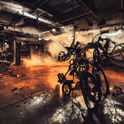 Image similar to bicycle mecha, dark messy smoke - filled cluttered workshop, dark, dramatic lighting, orange tint, sparks, cinematic, highly detailed, sci - fi, futuristic, movie still