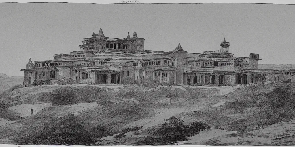 Prompt: ashanti rammed earth palace, it is located atop a hill and overlooks the capital city. 1 8 7 4. colonial era sketch