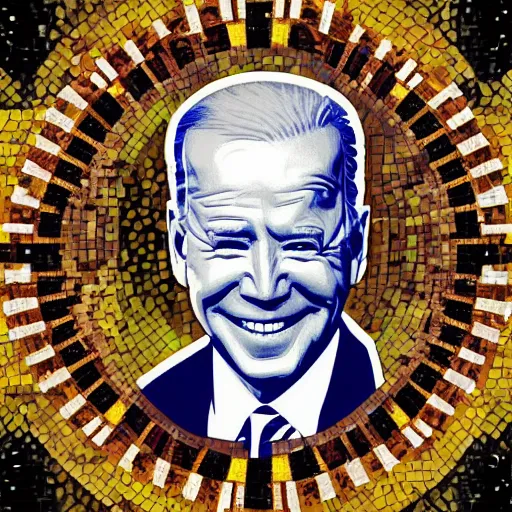 Image similar to portrait mosaic of a joe biden with robot ears and eyes, 4k, intricate details, digital, sun in the background