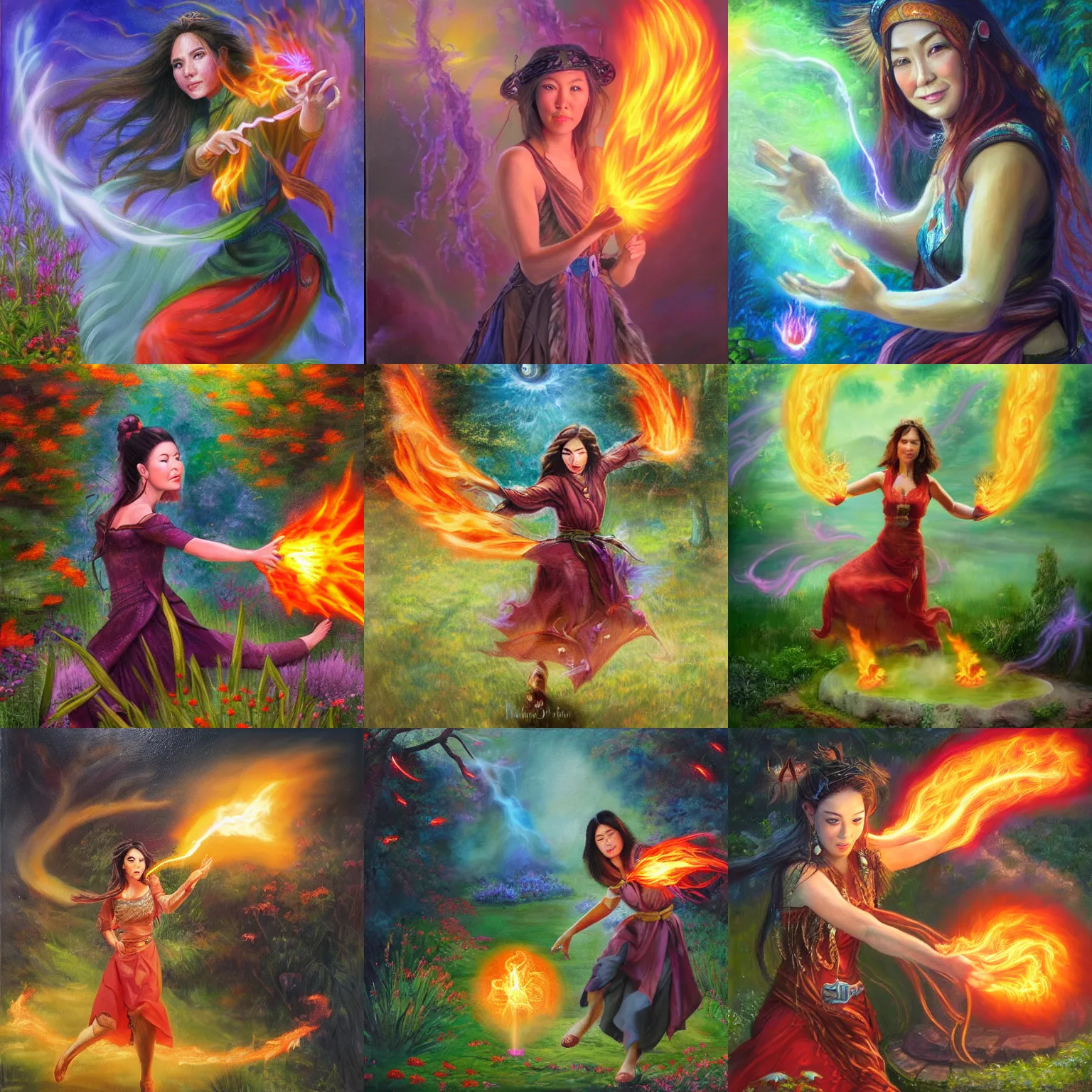 Prompt: female portrait, hapa sorceress chasing will-o-wisps casting a fireball in a garden, fantasy oil painting