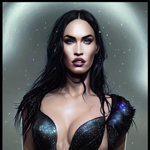 Image similar to portrait of megan fox wearing a black dress with galaxy lights and stars, sultry muscular body, fantasy, intricate, elegant, highly detailed, digital painting, artstation, concept art, matte, sharp focus, perfect face symmetry, illustration, art by aenaluck and roberto ferri and greg rutkowski, epic fantasy, digital painting