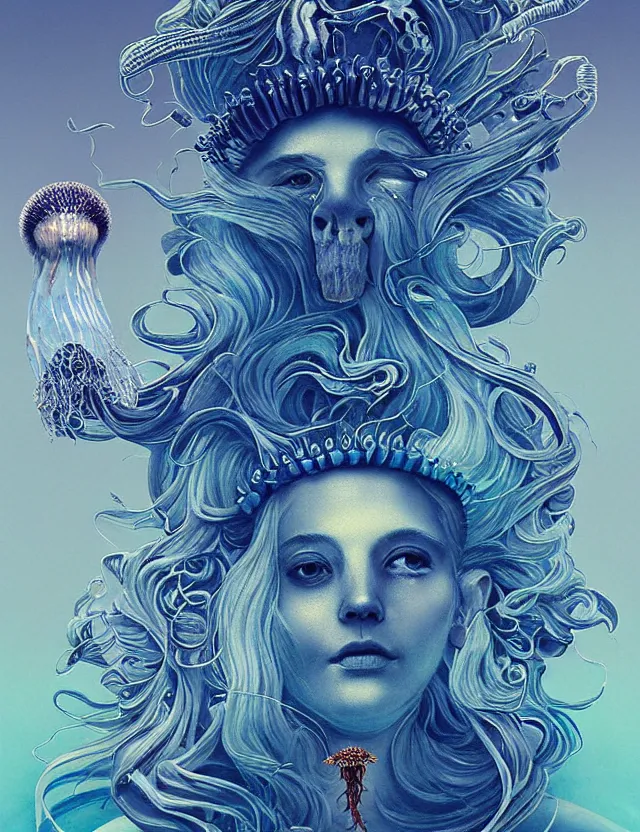 Prompt: goddess macro shouler portrait from bottom to top in crown made of ram skull. betta fish, jellyfish phoenix, bioluminiscent, plasma, ice, water, wind, creature, super intricate ornaments artwork by tooth wu and wlop and alex prager and greg rutkowski