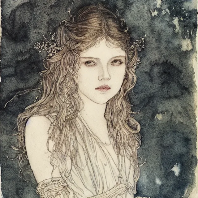 Image similar to a detailed, intricate watercolor and ink portrait illustration with fine lines of young 1 4 year old scarlett johannson in a dress, by arthur rackham and edmund dulac