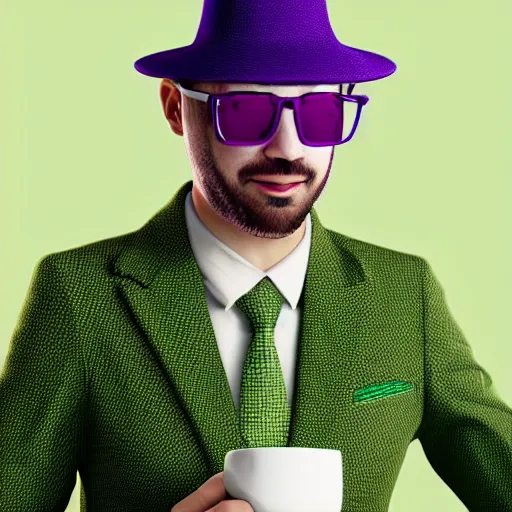 Prompt: man in green suit, with green hat, drinking tea, purple undershirt, Wearing Shades, Galaxy background, highly detailed, octane render