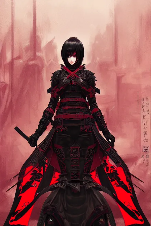 Image similar to portrait Ninja gaiden girl, armored black and red ninja wardrobe, in ruin japanese rainny temple night, ssci-fi and fantasy, intricate and very very beautiful and elegant, highly detailed, digital painting, artstation, concept art, smooth and sharp focus, illustration, art by tian zi and WLOP and alphonse mucha